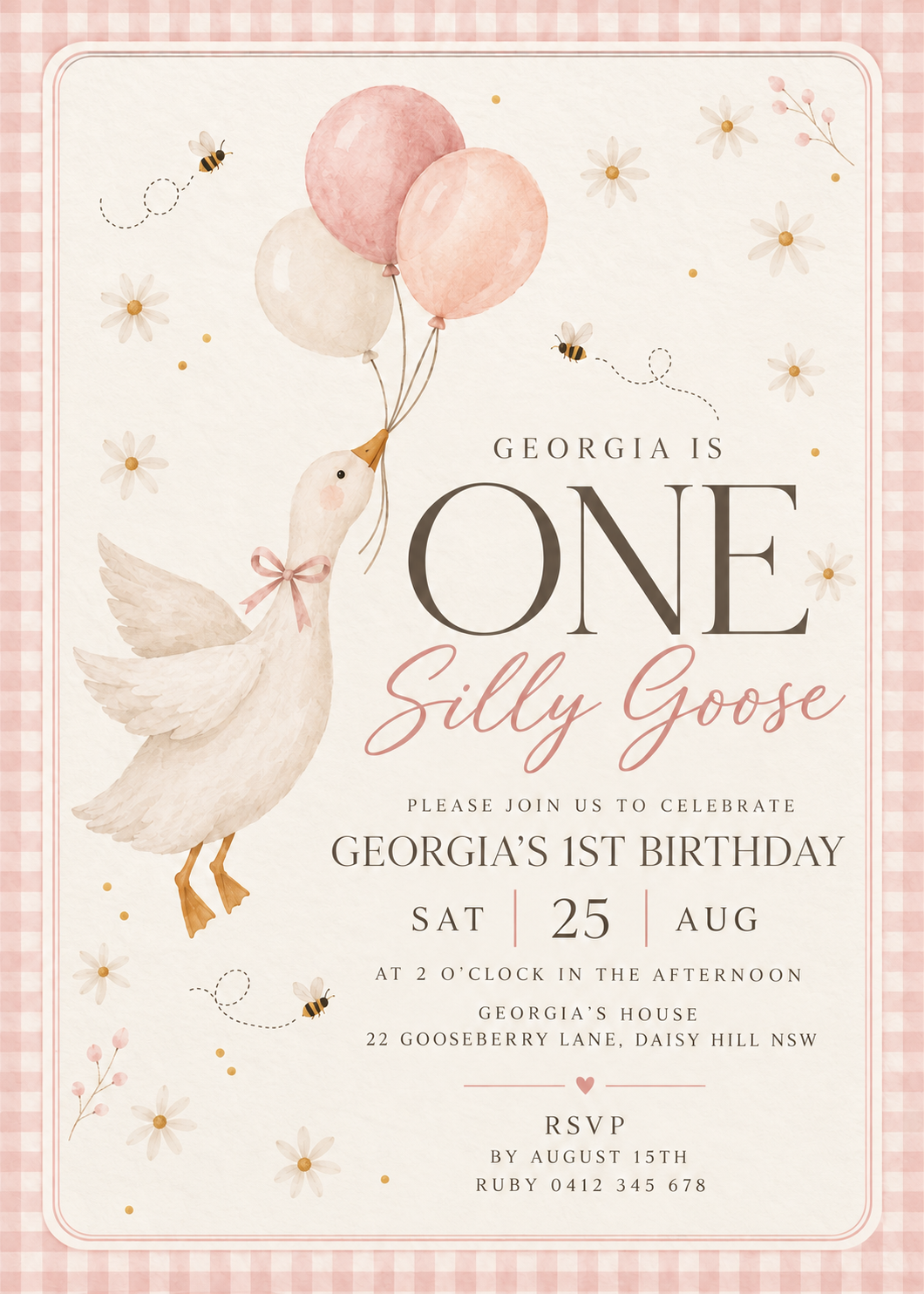 Pink One Silly Goose First Birthday Invitation – Editable Canva Template