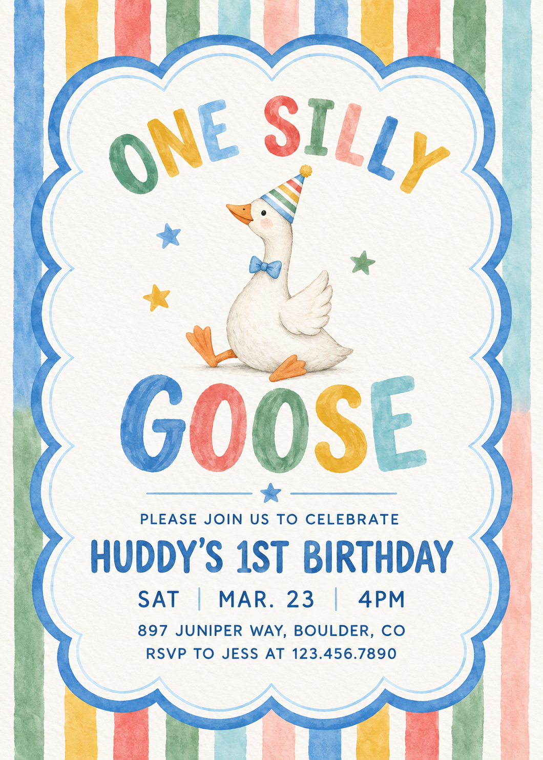One Silly Goose 1st Birthday Invitation – Editable Canva Template