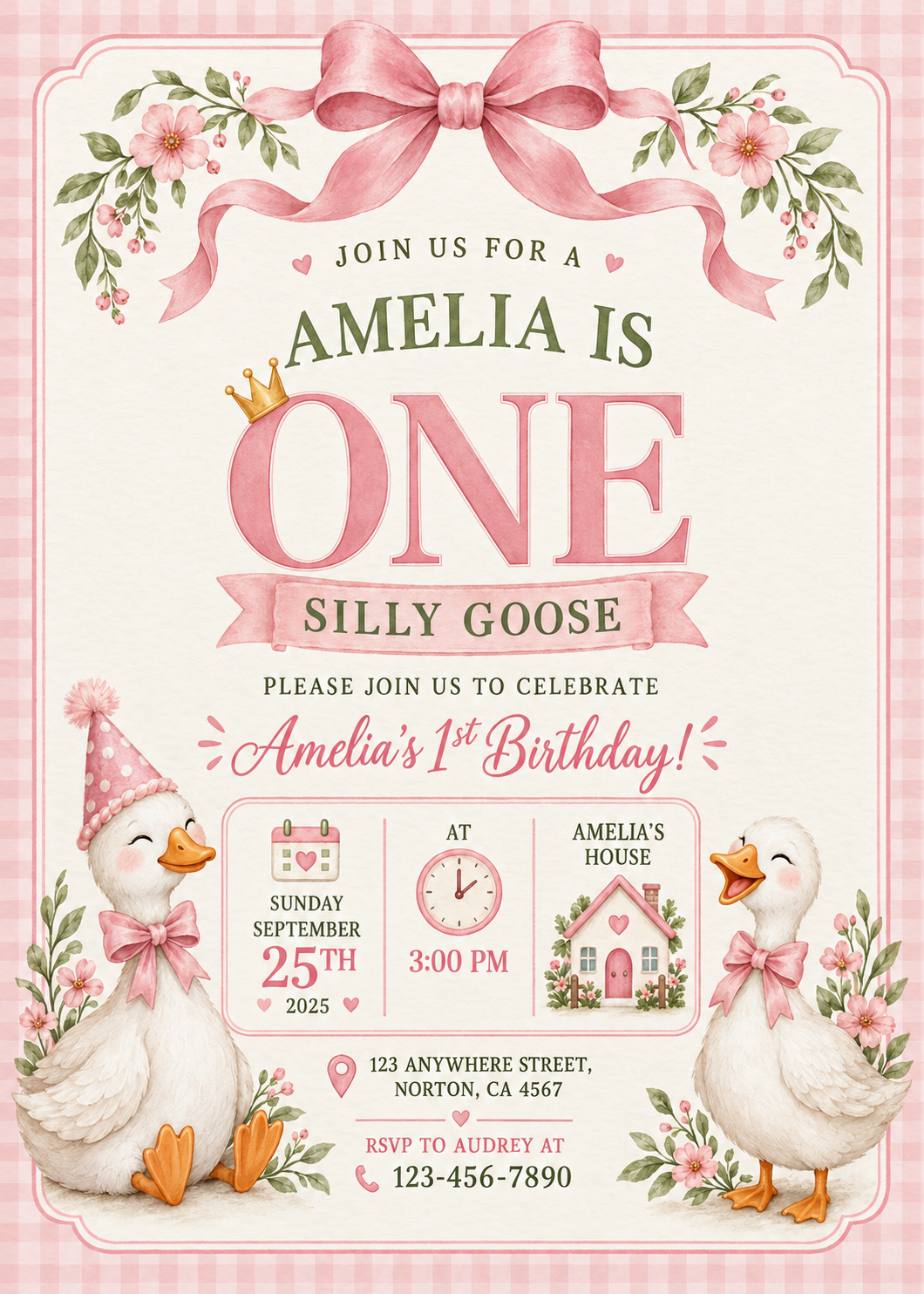 One Silly Goose 1st Birthday Invitation for Girls