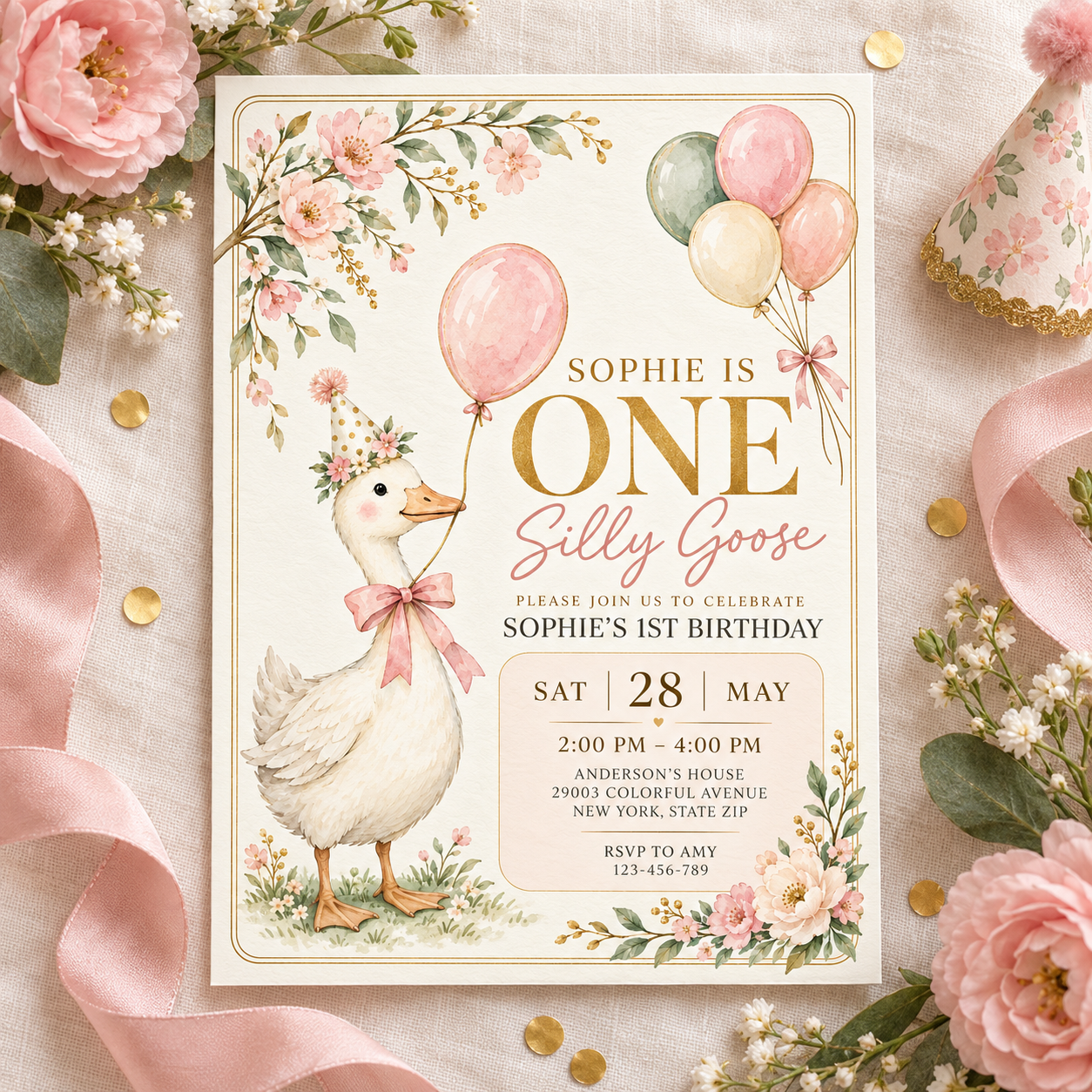 Pink Gingham One Silly Goose First Birthday Invitation - Image 2