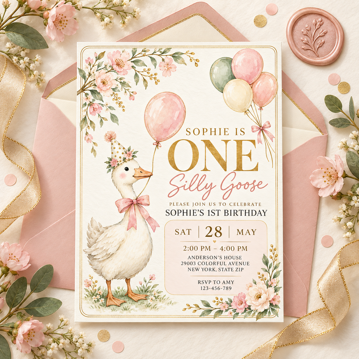 Pink Gingham One Silly Goose First Birthday Invitation - Image 3